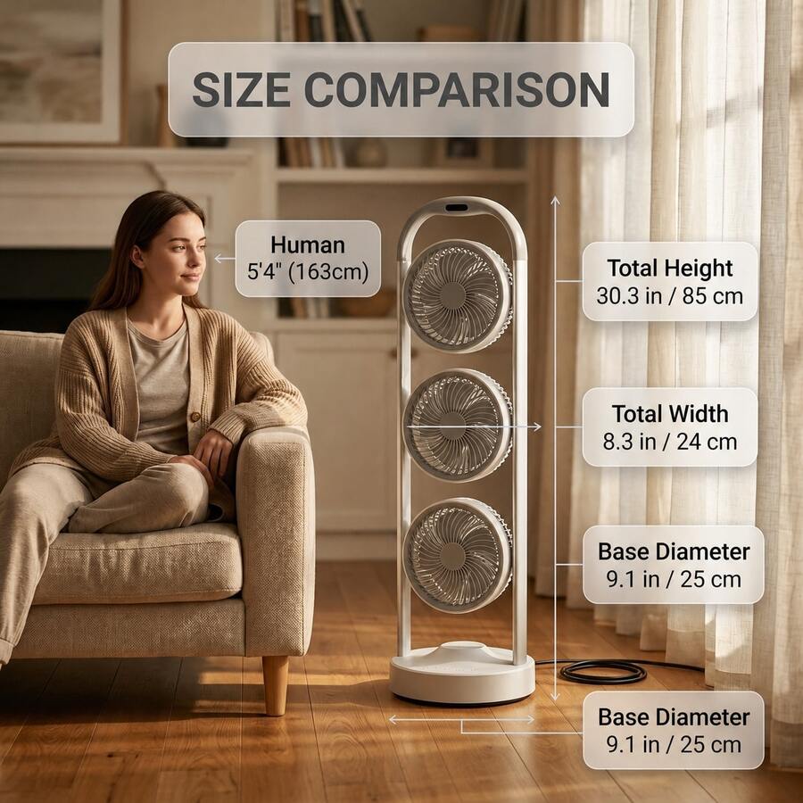 Triple-Head Standing Fan — Adjustable Airflow